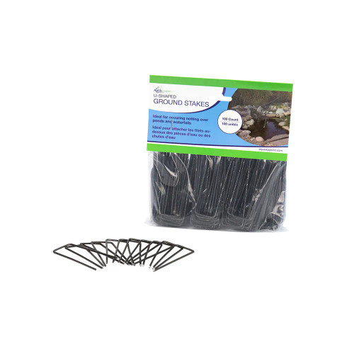 Front view of U-Shaped Ground Stakes (Qty 100) packaging, clearly displaying the product label and the number of stakes in the package. Front view of U-Shaped Ground Stakes (Qty 100) packaging, clearly displaying the product label and the number of stakes in the package.
