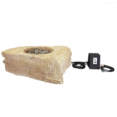 Angled view of the faux stone fire pit highlighting its natural stone appearance and central fire feature. Angled view of the faux stone fire pit highlighting its natural stone appearance and central fire feature.
