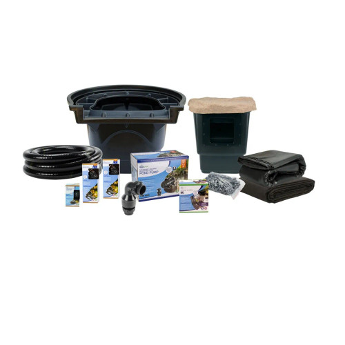 Front view of Large Pond Kit 21' x 26' with 9-PL 7000 Pond Pump, displaying the complete kit with a large pond liner, 9-PL 7000 pump, and filtration components, ideal for creating a large pond with powerful water circulation. Front view of Large Pond Kit 21' x 26' with 9-PL 7000 Pond Pump, displaying the complete kit with a large pond liner, 9-PL 7000 pump, and filtration components, ideal for creating a large pond with powerful water circulation.