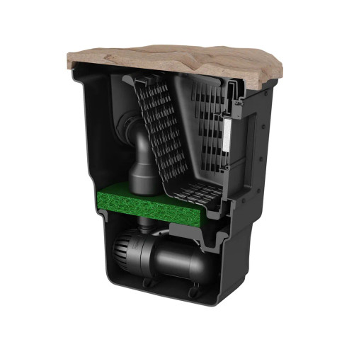 Cutaway view of Signature Series 1000 Pond Skimmer, showing the internal components, including the debris basket, pump system, and intake area for efficient pond filtration and debris removal. Cutaway view of Signature Series 1000 Pond Skimmer, showing the internal components, including the debris basket, pump system, and intake area for efficient pond filtration and debris removal.