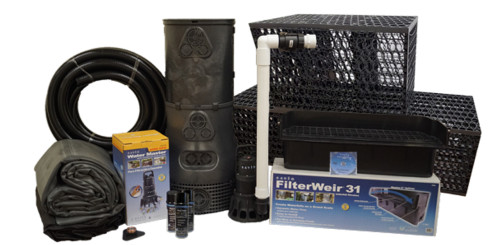 Front view of Pond Free Package 18', showcasing the complete kit with an 18-foot stream, waterfall basin, pump, and filtration components designed to create a large, visually striking pondless waterfall feature in a spacious outdoor setting. Front view of Pond Free Package 18', showcasing the complete kit with an 18-foot stream, waterfall basin, pump, and filtration components designed to create a large, visually striking pondless waterfall feature in a spacious outdoor setting.