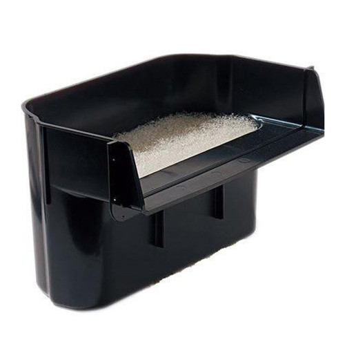 Angled view of FilterWeir 16", showing the textured spillway lip, robust filter housing, and underside outlet ports, emphasizing its durable design and seamless pond-wall integration. Angled view of FilterWeir 16", showing the textured spillway lip, robust filter housing, and underside outlet ports, emphasizing its durable design and seamless pond-wall integration.