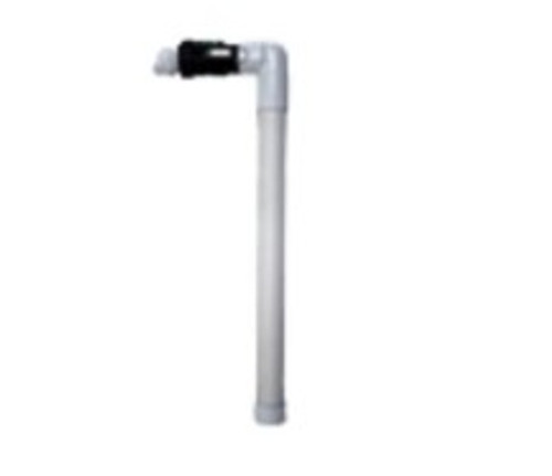 Side profile of the Discharge Kit for Waterfall Well Extension, highlighting the angled elbow fitting, ribbed reinforcement, and gasketed flange that secures to the extension body. Side profile of the Discharge Kit for Waterfall Well Extension, highlighting the angled elbow fitting, ribbed reinforcement, and gasketed flange that secures to the extension body.