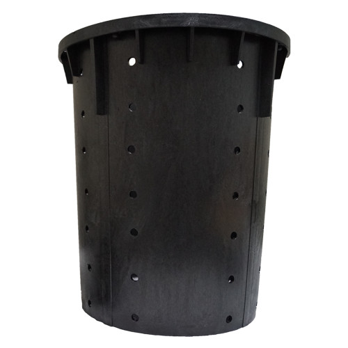 Front view of the 15-gallon Big Frog TuffTank™ Pump Vault, showing its tall cylindrical shape, smooth black plastic walls with evenly spaced round inlet holes, and a slightly flared top flange for rock placement. Front view of the 15-gallon Big Frog TuffTank™ Pump Vault, showing its tall cylindrical shape, smooth black plastic walls with evenly spaced round inlet holes, and a slightly flared top flange for rock placement.