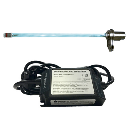 Components of the 28-Watt Stainless Steel Uvinex High-Output UV System, including the UV-C bulb with attached quartz sleeve and stainless-steel end cap, shown above the Savio UV ballast and power cord. Components of the 28-Watt Stainless Steel Uvinex High-Output UV System, including the UV-C bulb with attached quartz sleeve and stainless-steel end cap, shown above the Savio UV ballast and power cord.