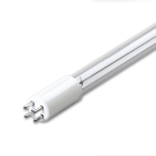 Angled view of the 75-Watt UV Replacement Bulb, showing the quartz lamp tapering into the four-pin connector, with reflective inner coating visible inside the tube. Angled view of the 75-Watt UV Replacement Bulb, showing the quartz lamp tapering into the four-pin connector, with reflective inner coating visible inside the tube.