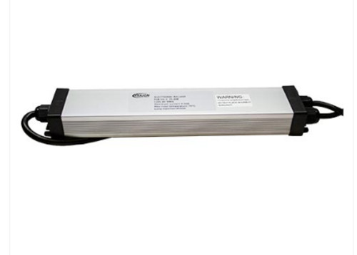 80-Watt UV replacement transformer featuring a rectangular metal housing with end-mounted black caps and connected power cables.