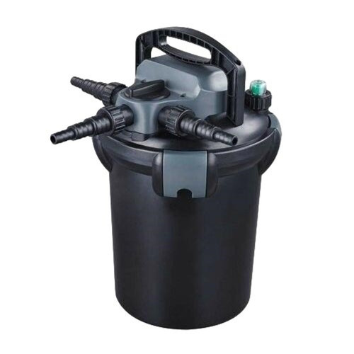 Living Ponds 3000 GPH Pressure Filter with black cylindrical body, lid, and hose fittings for large pond filtration. Living Ponds 3000 GPH Pressure Filter with black cylindrical body, lid, and hose fittings for large pond filtration.