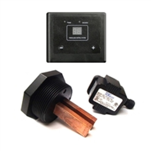 Front view of the Anjon Ionizer, featuring a compact control box with digital display, adjustment knob, and labeled indicator lights for copper ion levels. Front view of the Anjon Ionizer, featuring a compact control box with digital display, adjustment knob, and labeled indicator lights for copper ion levels.