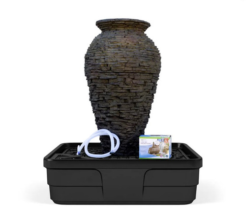 Front view of the 45-inch stacked slate urn fountain showing its tall, tapered silhouette and layered slate texture with a central water outlet at the top. Front view of the 45-inch stacked slate urn fountain showing its tall, tapered silhouette and layered slate texture with a central water outlet at the top.