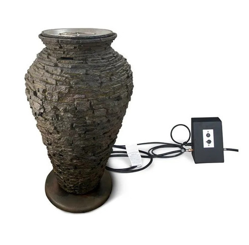 Product shot of the 55-inch stacked slate urn fountain kit on white background, showing the tapered slate urn mounted on its round base with the black auto-ignite control box and connecting cables. Product shot of the 55-inch stacked slate urn fountain kit on white background, showing the tapered slate urn mounted on its round base with the black auto-ignite control box and connecting cables.