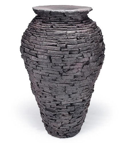Front view of the 55-inch stacked slate urn showing its tall, tapered silhouette and layered slate texture. Front view of the 55-inch stacked slate urn showing its tall, tapered silhouette and layered slate texture.