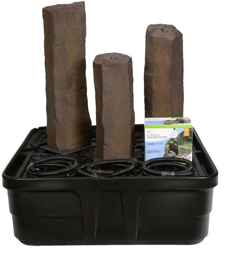 Front view of the faux basalt column fountain kit showing three cylindrical columns at 24-, 30-, and 36-inches tall side by side, each with a realistic textured basalt finish. Front view of the faux basalt column fountain kit showing three cylindrical columns at 24-, 30-, and 36-inches tall side by side, each with a realistic textured basalt finish.