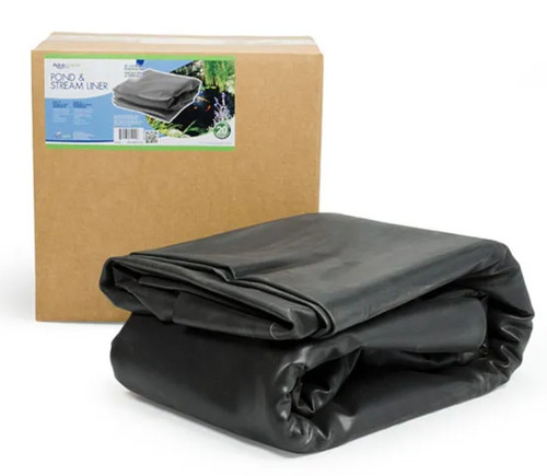 Front view of the boxed 15×20-foot 45 MIL Fish-Safe EPDM liner showing the sealed cardboard package with product branding and dimensions printed on the front panel. Front view of the boxed 15×20-foot 45 MIL Fish-Safe EPDM liner showing the sealed cardboard package with product branding and dimensions printed on the front panel.