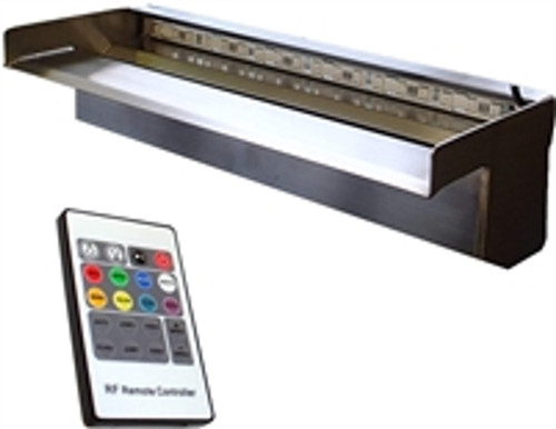 Front view of the 48-inch stainless steel color-changing spillway showing its long rectangular water outlet and smooth brushed-metal finish. Front view of the 48-inch stainless steel color-changing spillway showing its long rectangular water outlet and smooth brushed-metal finish.