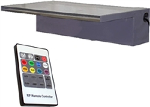 Front view of the 12-inch color-changing spillway with remote showing its rectangular outlet and smooth finish with integrated LED channel. Front view of the 12-inch color-changing spillway with remote showing its rectangular outlet and smooth finish with integrated LED channel.
