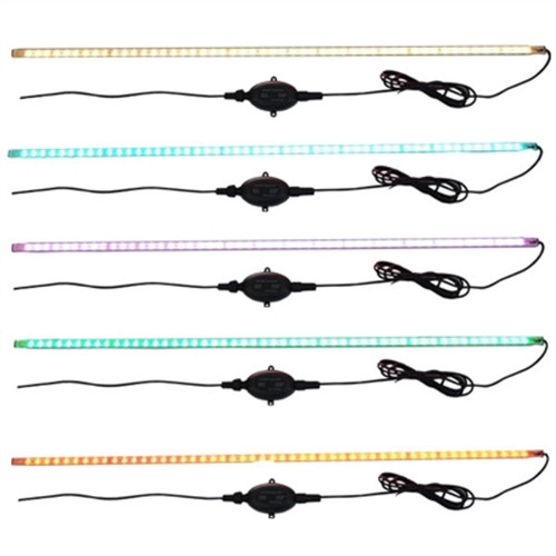 Five identical 12-inch LED light bars laid out vertically, each illuminated in a different color—warm white, teal, purple, green and amber—to showcase the bar’s color-changing capability. Five identical 12-inch LED light bars laid out vertically, each illuminated in a different color—warm white, teal, purple, green and amber—to showcase the bar’s color-changing capability.