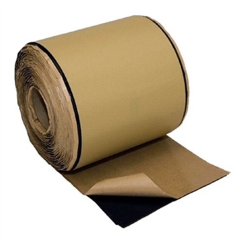 Angled perspective of the flashing tape roll showcasing the shiny adhesive layer on one side and the even winding around the core. Angled perspective of the flashing tape roll showcasing the shiny adhesive layer on one side and the even winding around the core.
