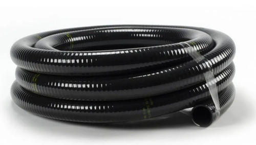 Front view of a 3-inch by 100-foot roll of Aquascape flexible PVC pipe showing the coiled black corrugated tubing against a white background. Front view of a 3-inch by 100-foot roll of Aquascape flexible PVC pipe showing the coiled black corrugated tubing against a white background.