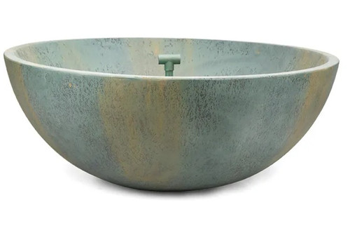 Front view of the 40-inch patina-finished spillway basin showing its broad circular bowl shape and weathered green-brown patina surface. Front view of the 40-inch patina-finished spillway basin showing its broad circular bowl shape and weathered green-brown patina surface.