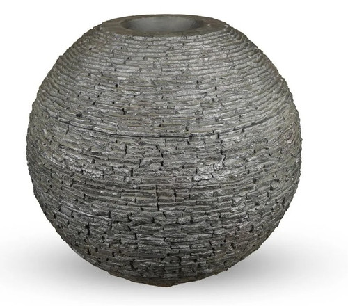 Front view of the 72-inch stacked slate sphere showing its large round shape and hand-laid slate texture in earthy gray tones. Front view of the 72-inch stacked slate sphere showing its large round shape and hand-laid slate texture in earthy gray tones.