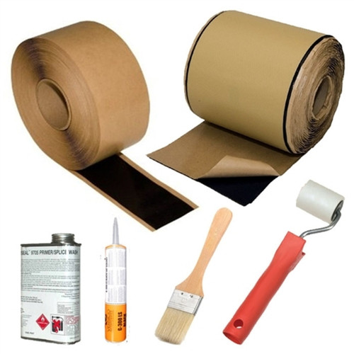 Composite front view of the 25′ professional seam kit components laid out on a white background: a 3″×25′ roll and a 6″×25′ roll of double-sided seam tape (one end peeled to show the black adhesive side), a red-handled seam roller, a 3″ paint brush with black bristles, a 6″ paint brush with white bristles, a quart can of EPDM primer/splice adhesive, and a cartridge of lap sealant with pointed nozzle. Composite front view of the 25′ professional seam kit components laid out on a white background: a 3″×25′ roll and a 6″×25′ roll of double-sided seam tape (one end peeled to show the black adhesive side), a red-handled seam roller, a 3″ paint brush with black bristles, a 6″ paint brush with white bristles, a quart can of EPDM primer/splice adhesive, and a cartridge of lap sealant with pointed nozzle.