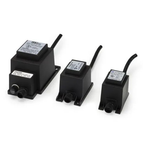 Angled view highlighting the transformer’s compact form, molded case, and cord exits. Angled view highlighting the transformer’s compact form, molded case, and cord exits.