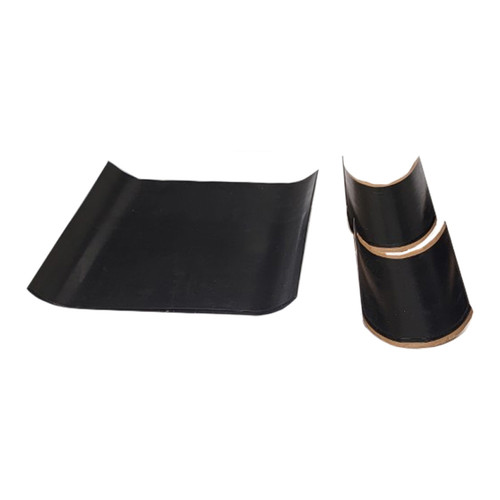 Front view of the EPDM repair kit laid out on a white background: a roll of 3″ double-sided seam tape, a 6″×6″ patch of black EPDM liner material, a red-handled seam roller, a 3″ paint brush with black bristles, a tube of black lap sealant, and a small can of splice adhesive (primer not shown). Front view of the EPDM repair kit laid out on a white background: a roll of 3″ double-sided seam tape, a 6″×6″ patch of black EPDM liner material, a red-handled seam roller, a 3″ paint brush with black bristles, a tube of black lap sealant, and a small can of splice adhesive (primer not shown).