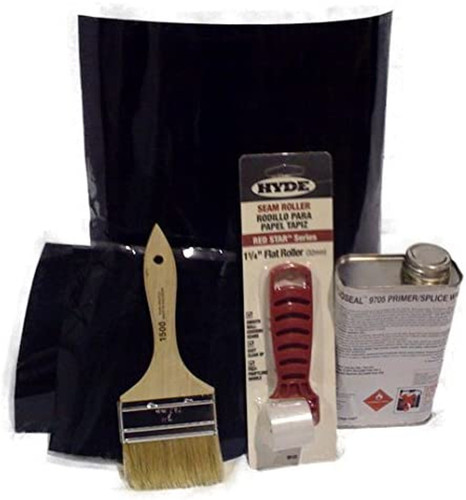 Front view of the deluxe EPDM repair kit laid out on white: a roll of 3″ double-sided seam tape, a 6″×6″ square EPDM patch, a small quart can of EPDM primer, a tube of black lap sealant, a red-handled seam roller, and a 3″ paint brush with black bristles. Front view of the deluxe EPDM repair kit laid out on white: a roll of 3″ double-sided seam tape, a 6″×6″ square EPDM patch, a small quart can of EPDM primer, a tube of black lap sealant, a red-handled seam roller, and a 3″ paint brush with black bristles.