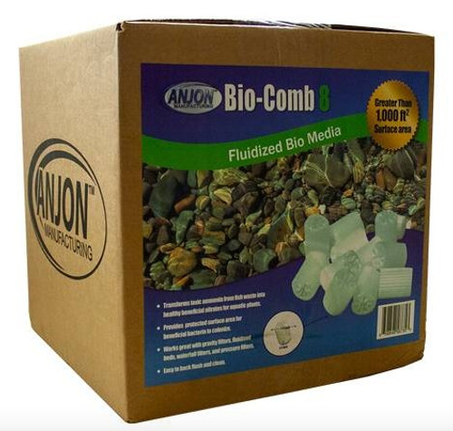 Front view of the Anjon Bio-Comb 8 cardboard box, featuring a blue and green product label with “Bio-Comb 8” branding, a photo of granular media, and callouts highlighting “Fluidized Bio Media” and “Greater Than 1,000 ft² Surface Area. Front view of the Anjon Bio-Comb 8 cardboard box, featuring a blue and green product label with “Bio-Comb 8” branding, a photo of granular media, and callouts highlighting “Fluidized Bio Media” and “Greater Than 1,000 ft² Surface Area.