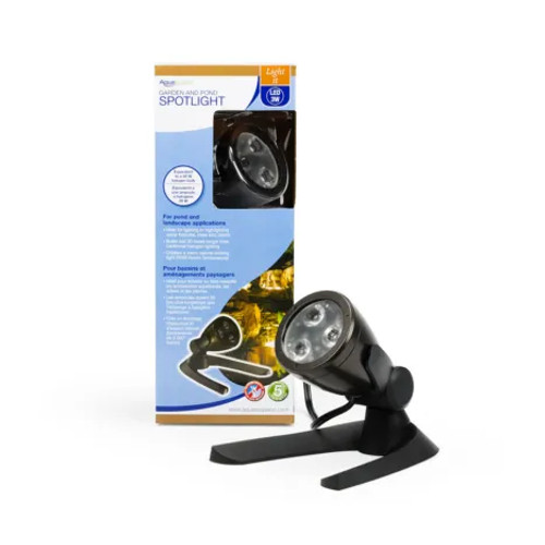 Aquascape 3-Watt LED Spotlight illuminating a garden pond at night Aquascape 3-Watt LED Spotlight illuminating a garden pond at night
