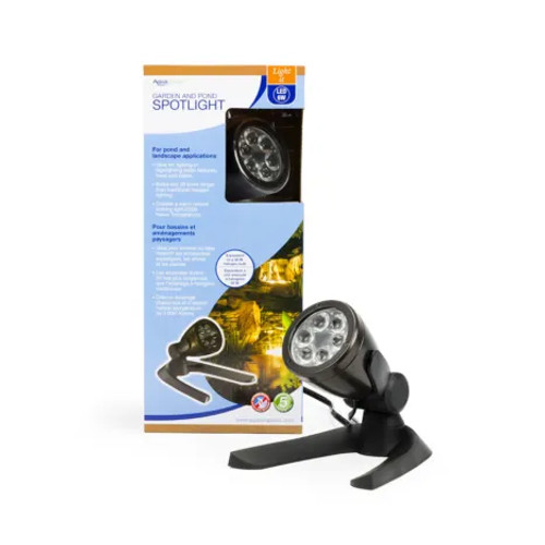 Aquascape 6-Watt LED Spotlight illuminating a garden pond at night Aquascape 6-Watt LED Spotlight illuminating a garden pond at night