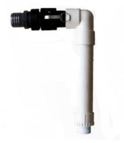 Side profile of the skimmer discharge kit, highlighting the angled 90° outlet elbow, the stepped body designed to seat in the skimmer wall, and the flat flange for secure installation. Side profile of the skimmer discharge kit, highlighting the angled 90° outlet elbow, the stepped body designed to seat in the skimmer wall, and the flat flange for secure installation.
