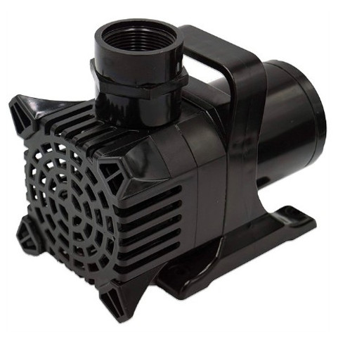 Angled three-quarter view of the Monsoon GPH submersible pump, displaying both the front intake strainer and the top outlet port, along with the ergonomic handle and power cable routing. Angled three-quarter view of the Monsoon GPH submersible pump, displaying both the front intake strainer and the top outlet port, along with the ergonomic handle and power cable routing.
