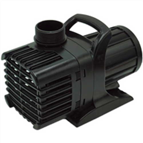Angled three-quarter view of the Monsoon pump showcasing the inlet grille, outlet fitting, and the long coiled power cord draped alongside the housing. Angled three-quarter view of the Monsoon pump showcasing the inlet grille, outlet fitting, and the long coiled power cord draped alongside the housing.