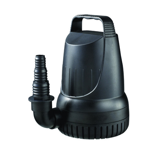 Front view of the FL-1200 flood pump showing its smooth black plastic housing, integrated top carry handle, and the 90° elbow outlet with barbed hose adapter on the side. Front view of the FL-1200 flood pump showing its smooth black plastic housing, integrated top carry handle, and the 90° elbow outlet with barbed hose adapter on the side.