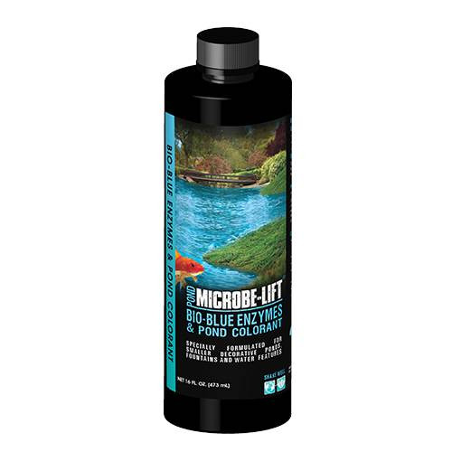 Front view of Microbe-Lift Bio-Blue 16-oz bottle with blue label, product name, and dosing info on a cylindrical plastic bottle with screw cap. Front view of Microbe-Lift Bio-Blue 16-oz bottle with blue label, product name, and dosing info on a cylindrical plastic bottle with screw cap.