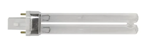 UV replacement bulb with compact twin tube design and two-pin connector base for pond UV clarifier system.