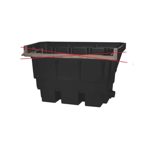 Pond skimmer box with cross-marked opening indicating cut line or modification area for installation.
