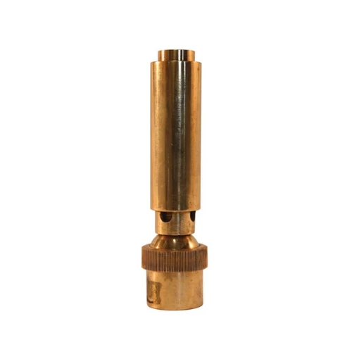 Brass fountain nozzle with cylindrical body and adjustable base for pond spray pattern control.