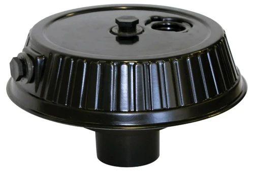 Bottom drain assembly with domed lid, access ports, and outlet connection for pond filtration system.