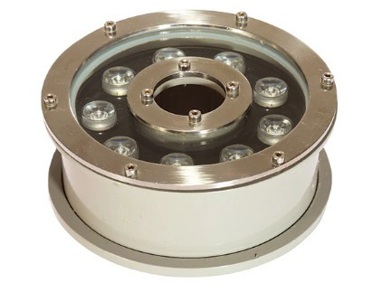 Stainless steel LED fountain light ring with multiple bulbs for underwater pond illumination.