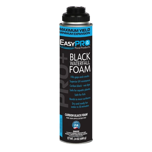 EasyPro Black Waterfall Foam can for sealing gaps and directing water flow in pond and waterfall installations.
