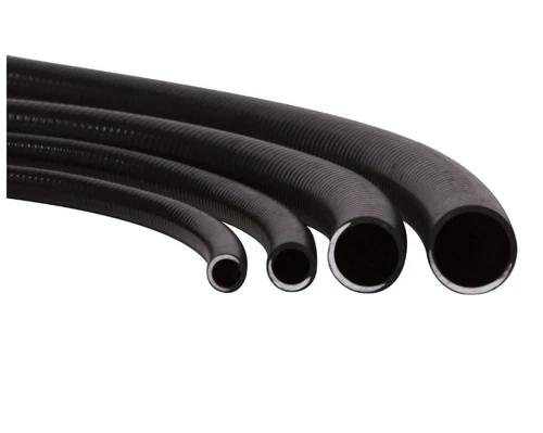 Black flexible corrugated pond tubing in multiple sizes for water circulation and filtration systems.