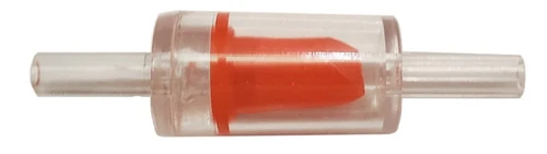 Inline check valve with clear housing and internal flapper for one-way water flow control.