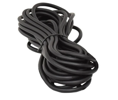 Coiled black flexible tubing bundle secured with tie for pond plumbing and water transfer use.