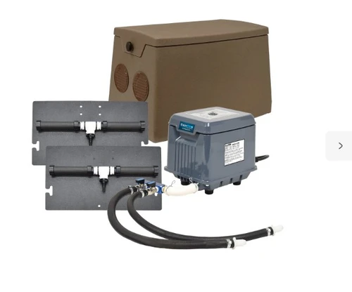 Shallow water aeration system kit with air pump, diffuser assemblies, tubing, and protective enclosure for pond oxygenation.