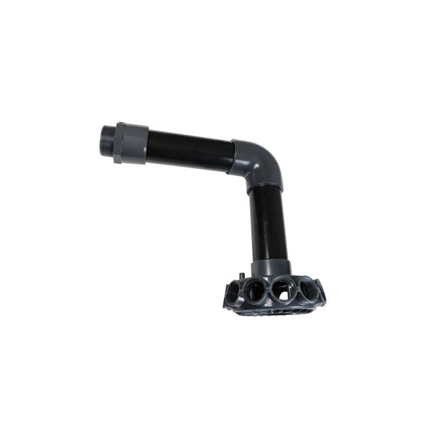 Angled three-quarter view highlighting the hub body, threaded standpipe connection, and the evenly spaced laterals sized for a 24″ tank footprint.