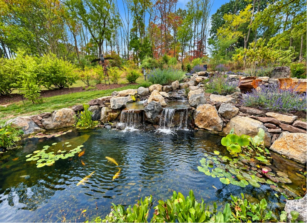 Koi swimming in a stone-edged pond with a waterfall