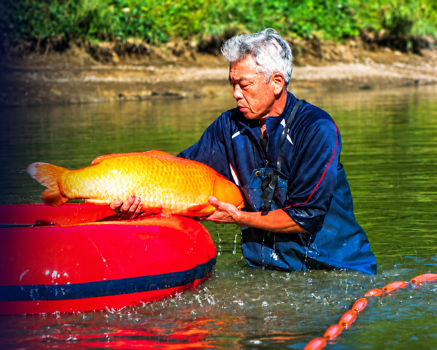 Japanese koi breeder holding a large golden koi